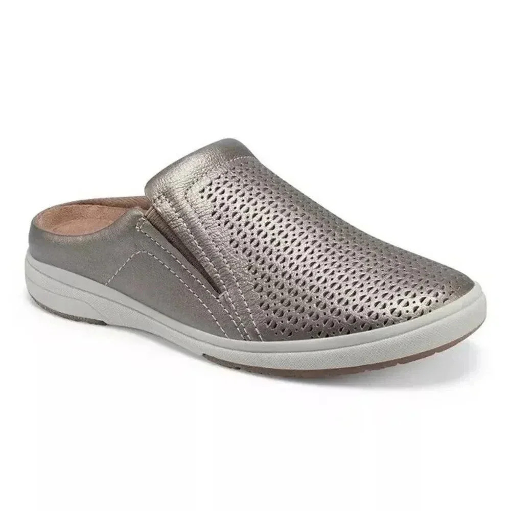 NWOT Earth Orgins Emilia Perfo Leather Slip On Mules In Platinum Metallic